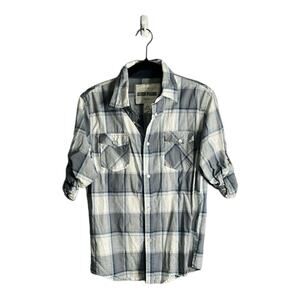 Boys Ditch Plains Blue Gray Plaid Snap Front Shirt Large